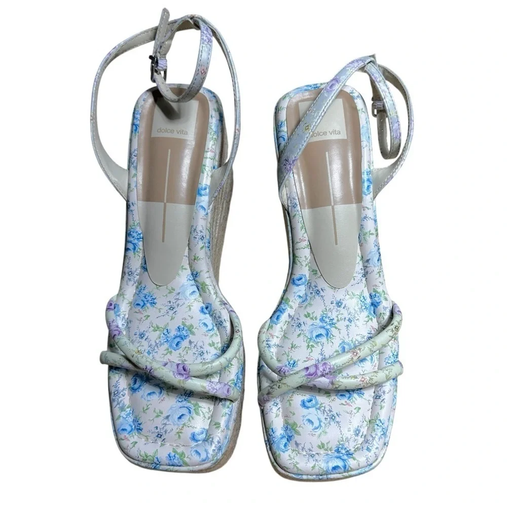 Dolce Vita Blue Floral Elvia Strappy Platform Wedge Sandals Womens 9.5